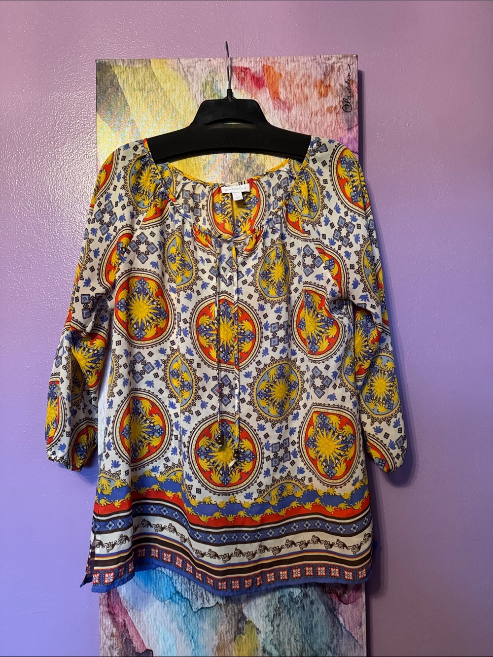 Charter Club White Medallion Peasant Top with Yellow and Red Accents